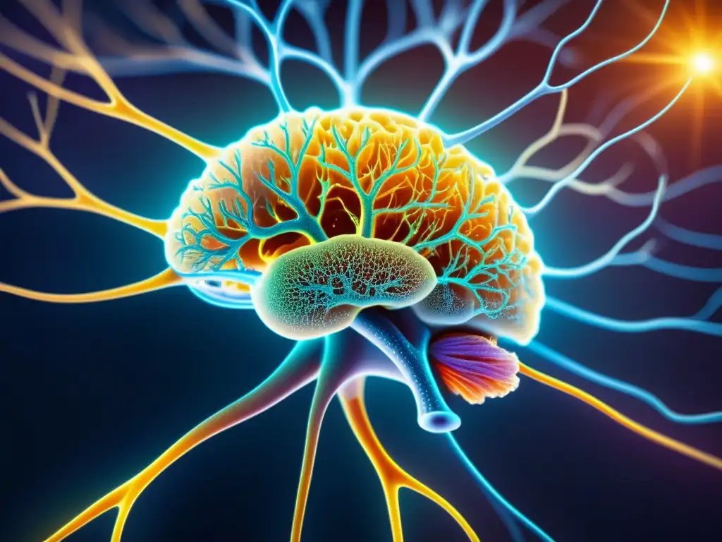 Neuronas vibrantes y sistema inmunológico: la belleza de la memoria Detalle de neuronas vibrantes interconectadas con células inmunitarias, resaltando la importancia de la memoria inmunitaria