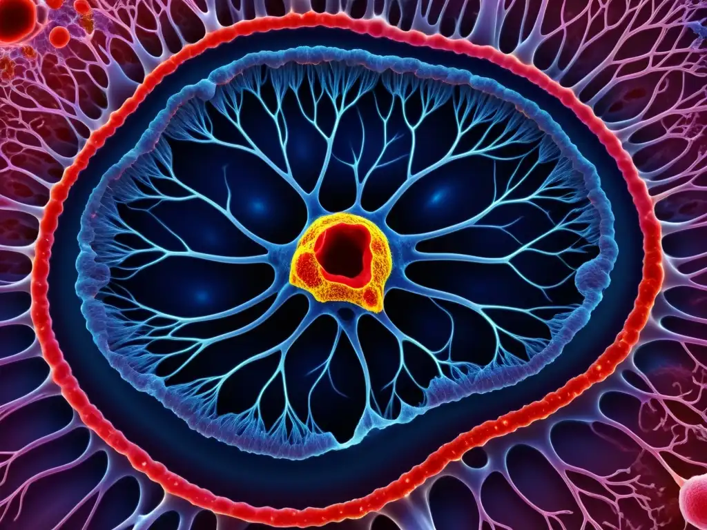Red de células inmunes en ganglios linfáticos: cambio con la edad Detalle en 8k de nodos linfáticos humanos, mostrando la complejidad del sistema inmunológico con el envejecimiento