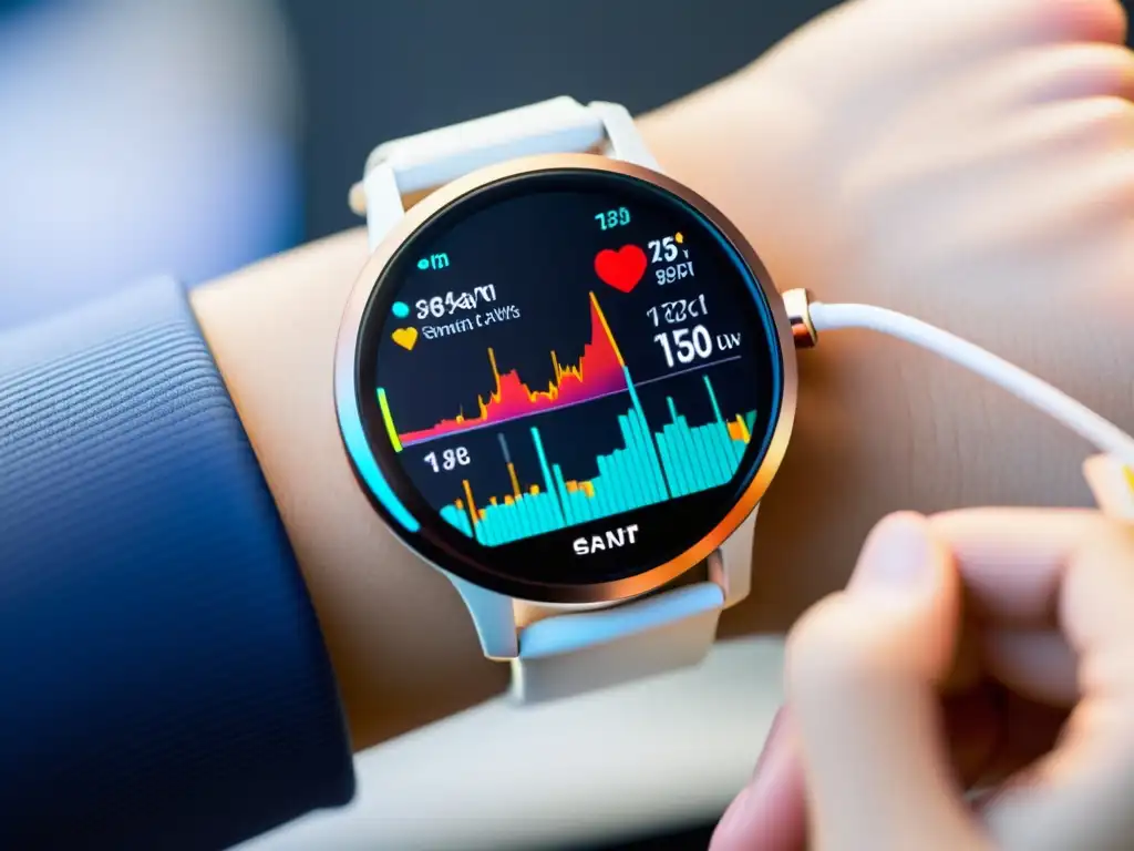 Detalle de pantalla de reloj inteligente mostrando gráfico en tiempo real del sistema inmunológico