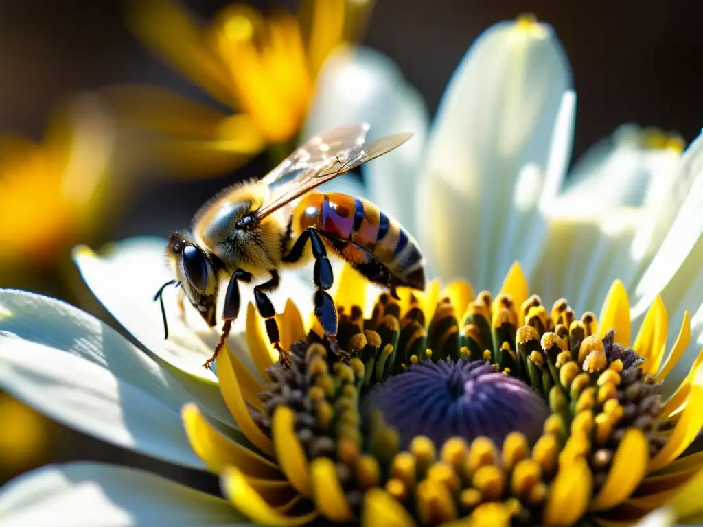 Preciosa recolección de polen dorado por las abejas en una escena etérea Detalle de polen dorado siendo recolectado por abejas en pétalos de flores, con beneficios del polen de abeja para el sistema inmune