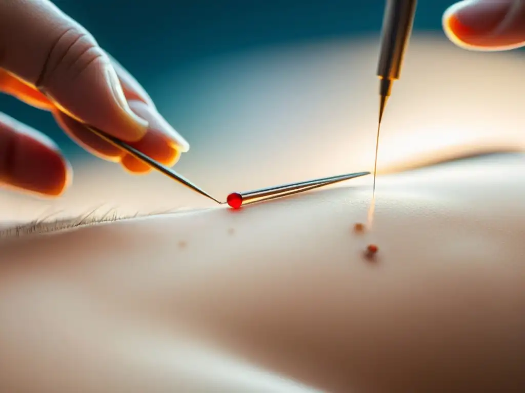 Acupuntura: Precisión y Delicadeza en la Inserción de Agujas Detalle preciso de la acupuntura para regular inflamación inmunológica, resaltando la delicadeza y precisión del procedimiento