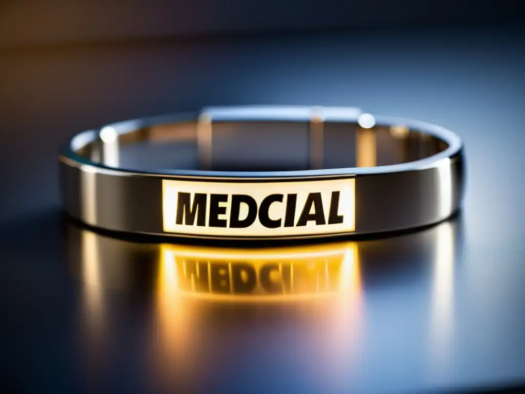 Detalle de pulsera médica elegante con grabados y diseño futurista, iluminada con luz suave