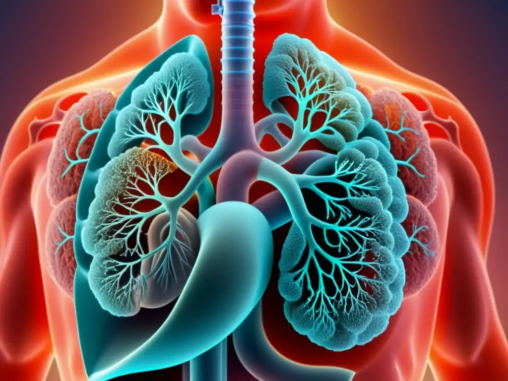 Anatomía respiratoria impactada por el cambio climático Detalle realista del sistema respiratorio humano, con énfasis en el impacto del cambio climático en la temporada de gripe y resfriados