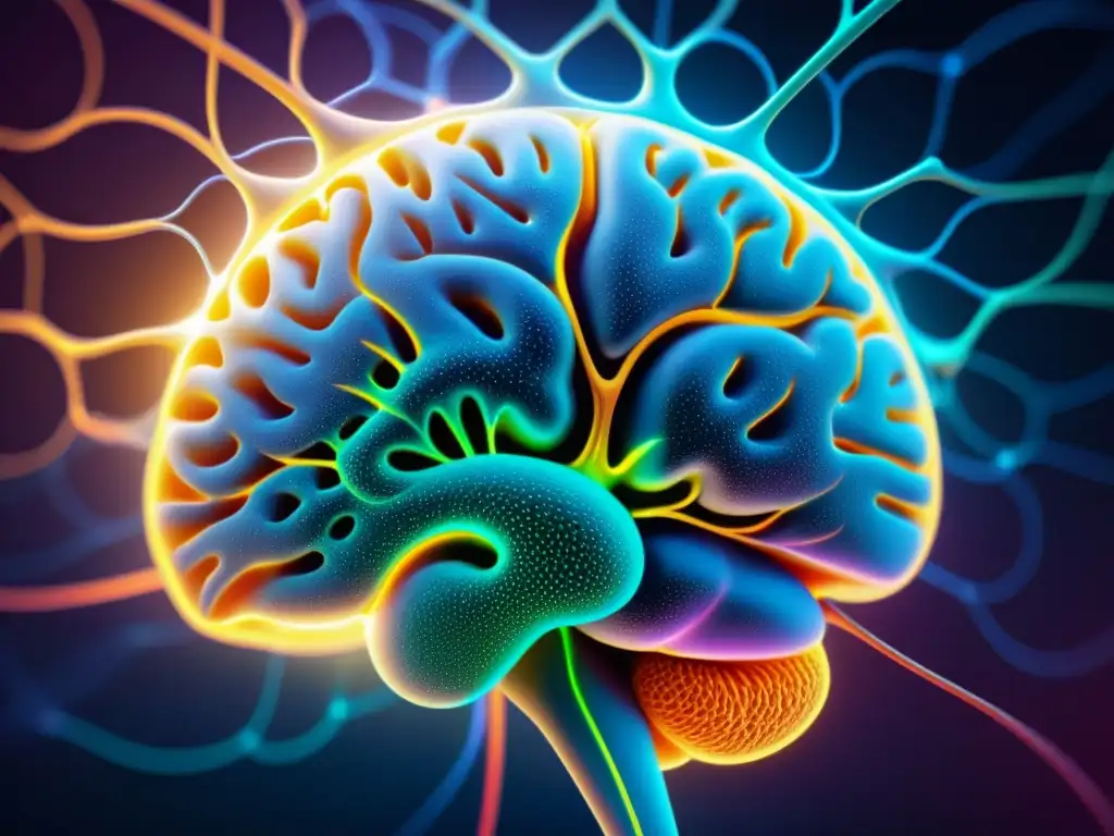 Redes neuronales emocionales: psiconeuroinmunología Detalle de una red neuronal en el cerebro humano con colores vibrantes y conexiones intrincadas, representando la relación entre psiconeuroinmunología y emociones saludables
