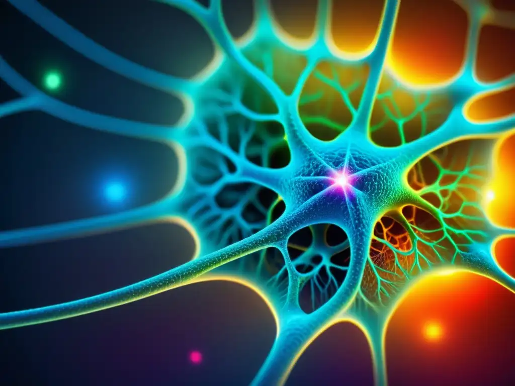 Red de Neuronas Brillantes: Impacto en el Sueño y el Sistema Inmune Detalle de red de neuronas brillantes en el cerebro, destacando su complejidad