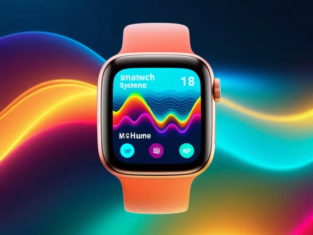Detalle de reloj inteligente mostrando monitoreo del sistema inmunológico con visualizaciones de datos futuristas