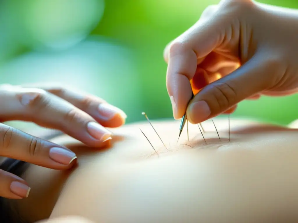 Acupuntura: Precisión y Cuidado en Detalle Detalle de una sesión de acupuntura, con agujas finas en la piel