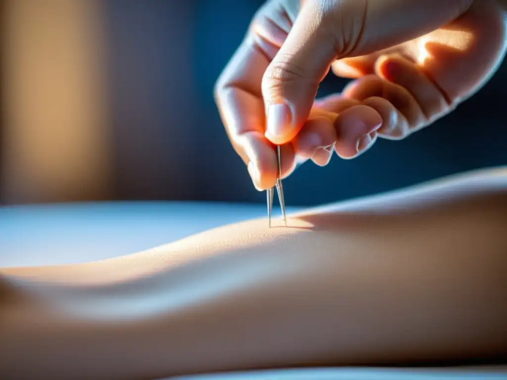 Acupuntura: Detalles de una sesión Detalle de una sesión de acupuntura en la muñeca, resaltando la precisión y cuidado