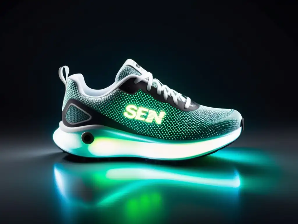 Suela futurista de zapatilla con sensores para monitoreo inmune Detalle de suela de zapato con sensores para inmunidad, resaltando tecnología futurista y beneficios de monitoreo de salud