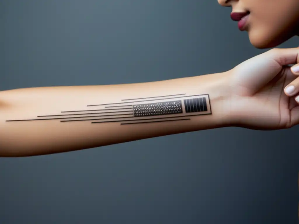 Tatuaje temporal de alta tecnología para sensación futurista Detalle de tatuaje temporal de alta tecnología para monitoreo de salud inmunológica, elegante y futurista en el antebrazo