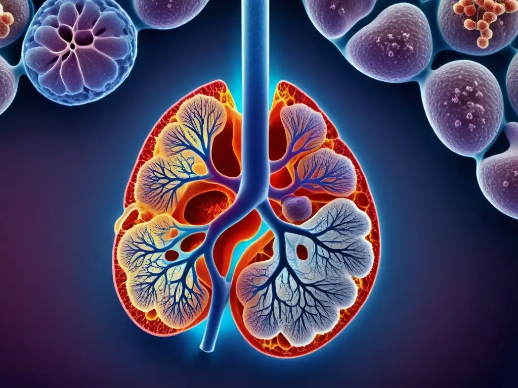 Detallada red de alvéolos pulmonares: interacción inmune Detalle de tejido pulmonar humano con alvéolos, mostrando respuesta inmunológica en enfermedades crónicas