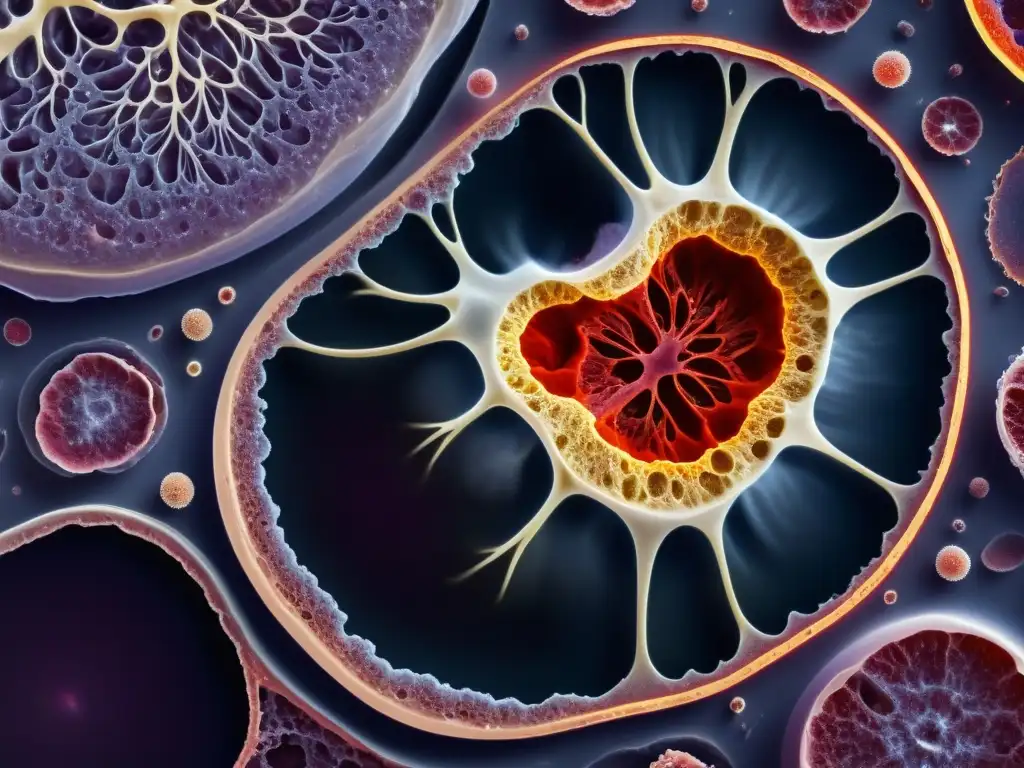 Detalles asombrosos de médula ósea y tejido tímico en 8k Detalle de función médula ósea y timo: red de vasos sanguíneos, células inmunes y estromales, mostrando hematopoyesis y desarrollo linfocitario