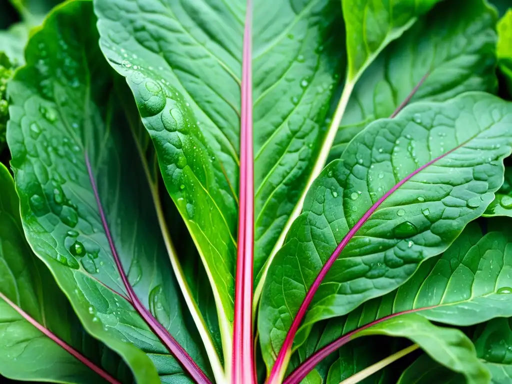 Patrón de hojas verdes vibrantes: espinaca, kale, acelga Detalle ultra vívido de hojas verdes vibrantes como espinacas, kale y acelgas con gotas de agua