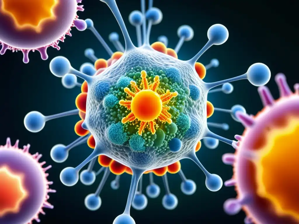 Interacción vital: Célula inmune absorbiendo zinc Un detalle ultradetallado de una célula inmune absorbiendo iones de zinc, mostrando la compleja interacción entre zinc y el sistema inmunológico