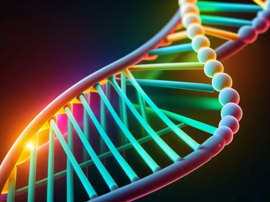 Detalle ultradetallado de una doble hélice de ADN con colores vibrantes que representan marcadores genéticos