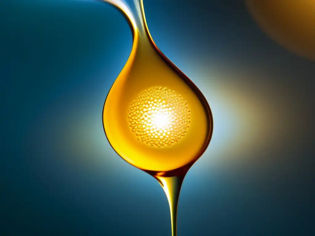 Gotas de aceite de hígado de bacalao: belleza y ciencia Un detalle ultradetallado de una gota dorada y traslúcida de aceite de hígado de bacalao, rodeada de moléculas lipídicas