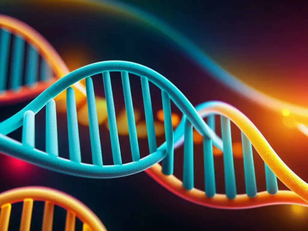 Detalle ultradetallado de una hebra de ADN con colores vibrantes que representan la variabilidad genética del sistema inmunológico
