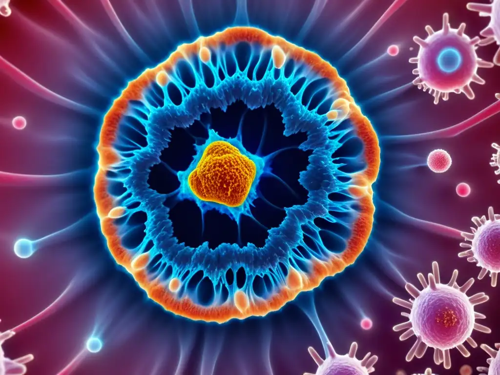 Increíble microscopio muestra célula inmune y estrés Detalle ultrapreciso de una célula inmune bajo microscopio, mostrando interacción con hormonas del estrés a nivel molecular