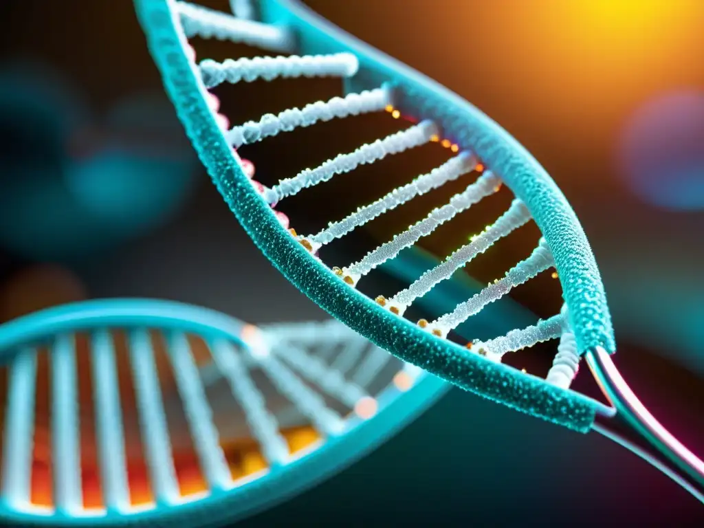 Edición genética: Detalles ultraprecisos de CRISPR-Cas9 en acción Detalle ultrapreciso de la herramienta de edición genética CRISPR-Cas9 en acción, resaltando el corte preciso de hebras de ADN