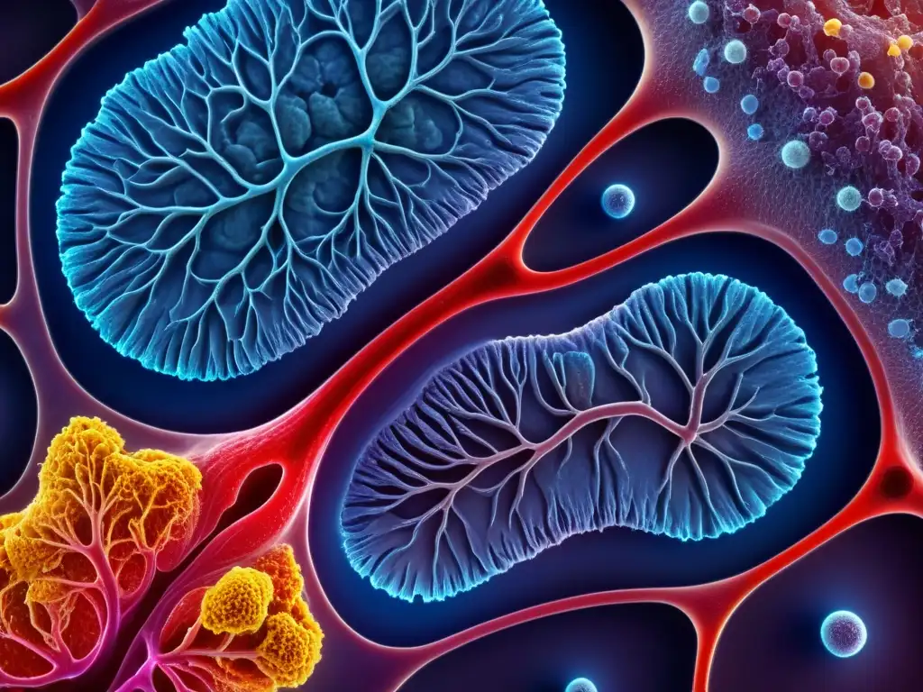 Detalle ultrarrealista de la piel humana bajo microscopio, resaltando sus funciones inmunológicas en colores vibrantes