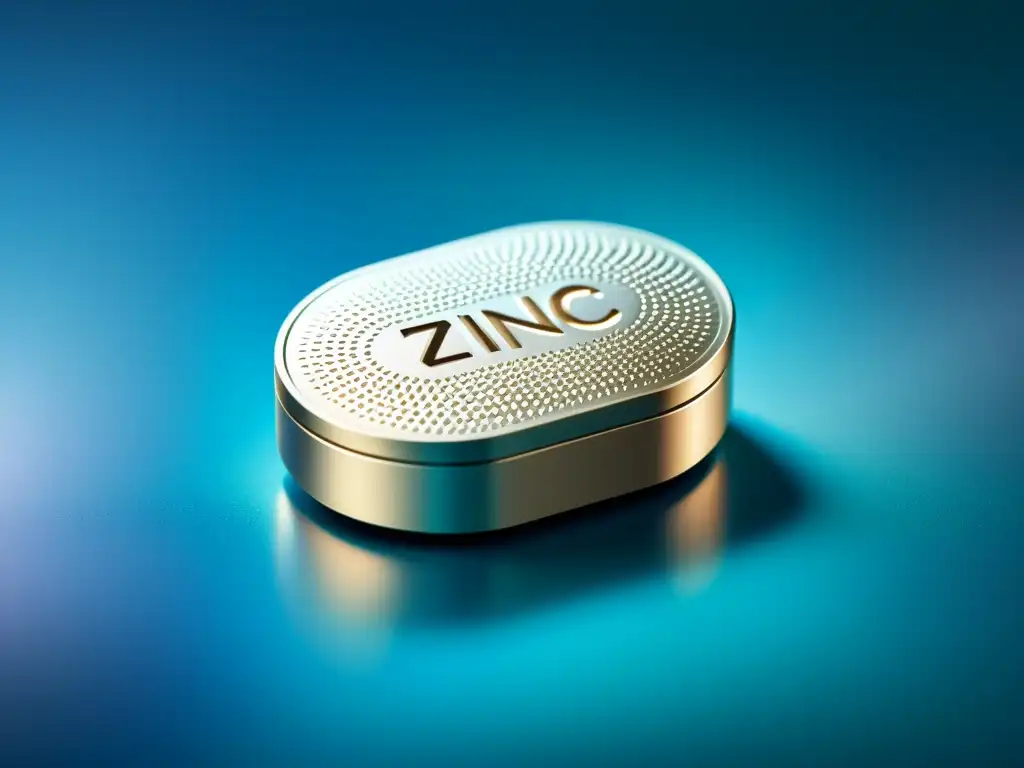 Suplemento de Zinc: Detalle lujoso y eficaz del comprimido Detalle ultrarrealista de un suplemento de zinc para inmunidad, con marca en relieve y textura metálica