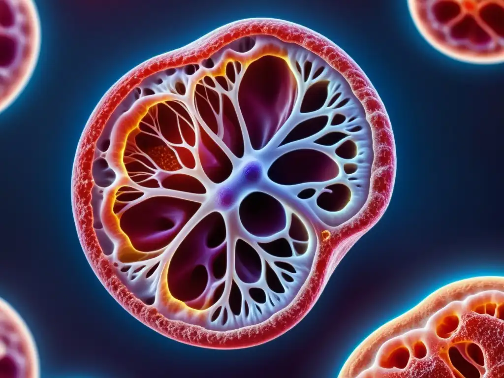 Detalle asombroso de la glándula del timo: su papel vital en el desarrollo de células T y la función inmunológica Detalle ultrarrealista del timo, resaltando su compleja red de lóbulos y corpúsculos de Hassall