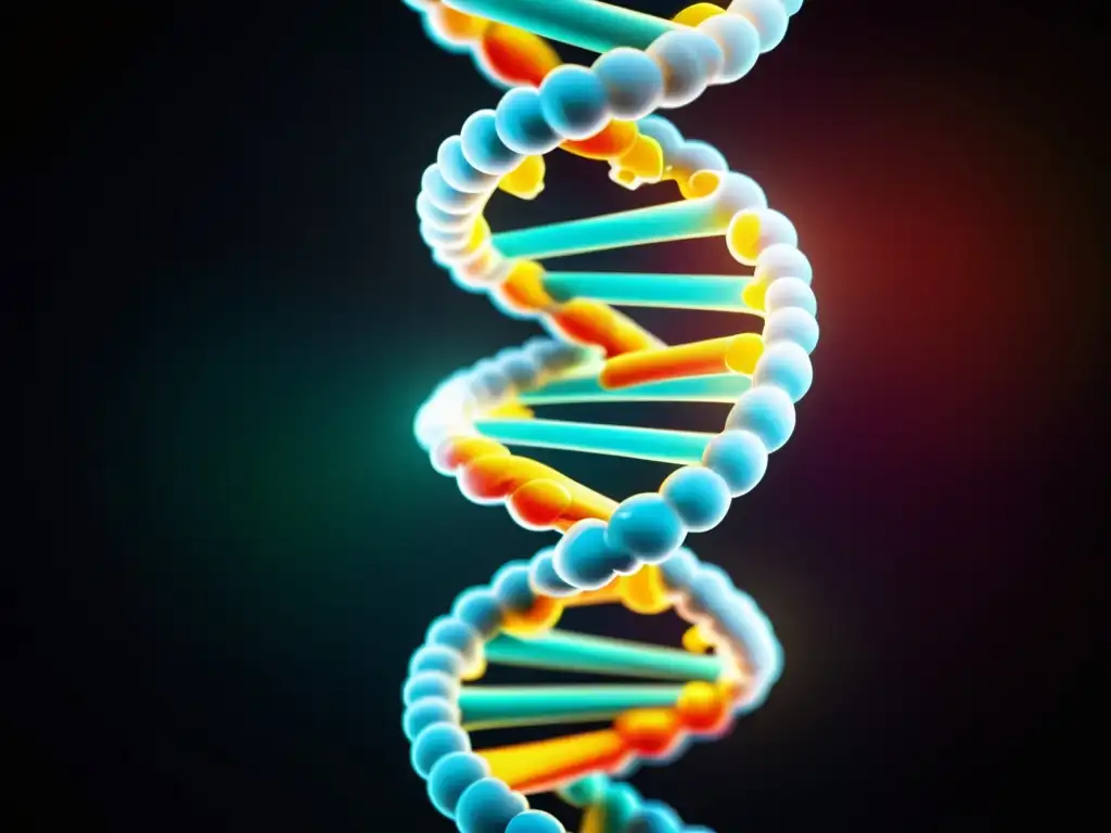 Espectacular estructura de ADN: genes inflamatorios Detalle ultravívido del ADN en colores vibrantes sobre fondo oscuro, representando la predisposición genética a enfermedades inflamatorias crónicas