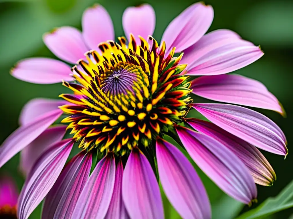Echinacea purpurea: detalle ultravívido y natural Detalle ultravívido de la flor morada de equinácea con luz solar, resaltando sus patrones y textura