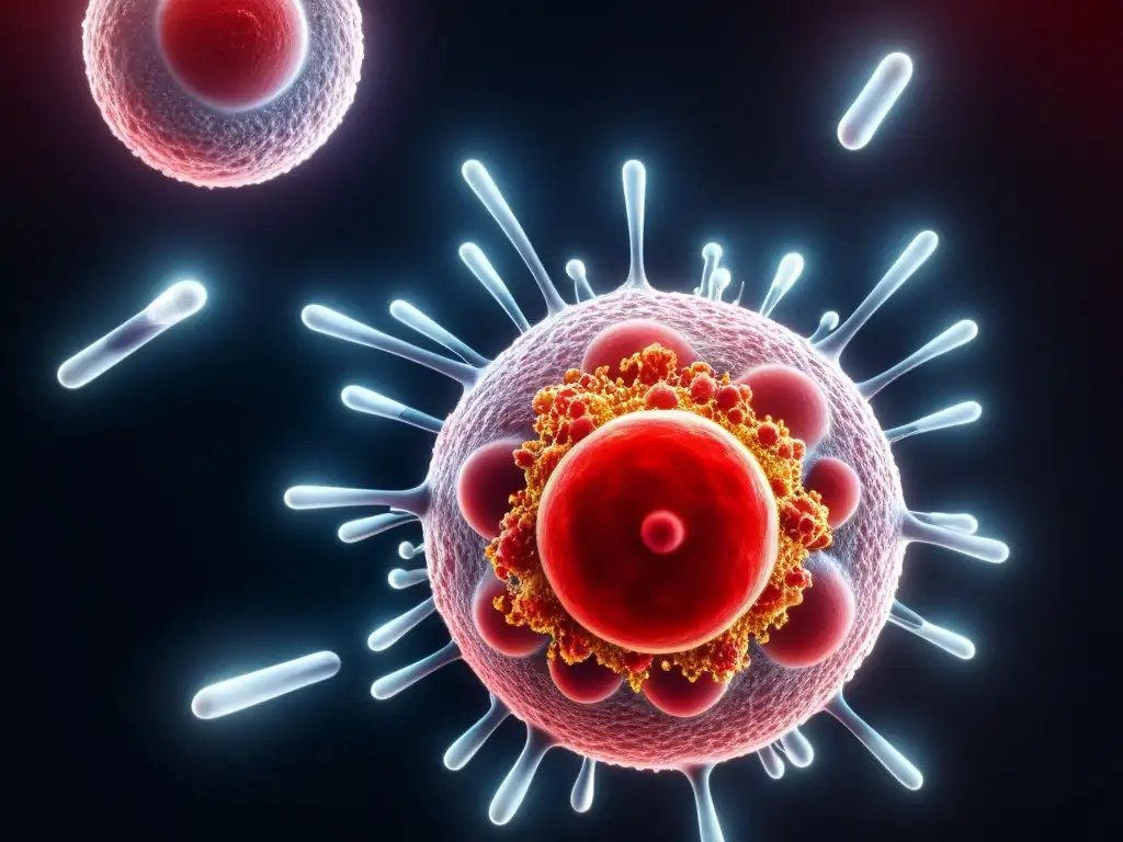 Interacción molecular: Glóbulo rojo atacado por anticuerpos Detalle ultravívido de un glóbulo rojo atacado por anticuerpos, con dramática respuesta inmune a nivel celular