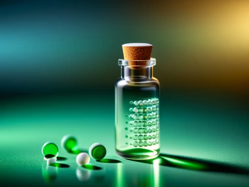 Vial de medicina homeopática: precisión y sofisticación Detalle de vial de vidrio transparente con píldoras homeopáticas, bañado en luz suave, reflejando patrones