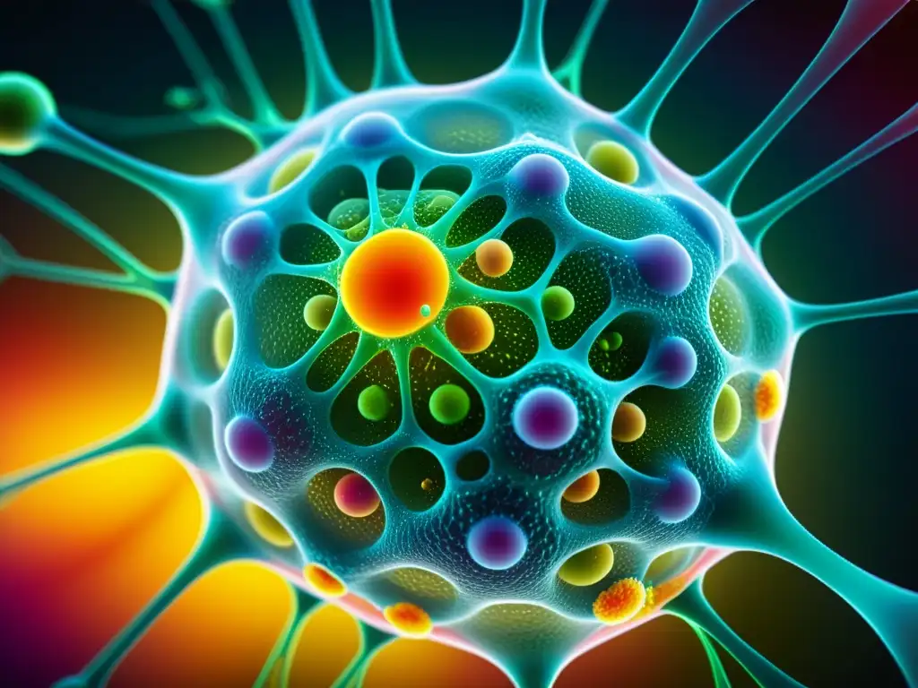 Redes de Glutatión: Protección Celular Vibrante Detalle vibrante de una célula humana con glutatión, papel crucial en el sistema inmunológico