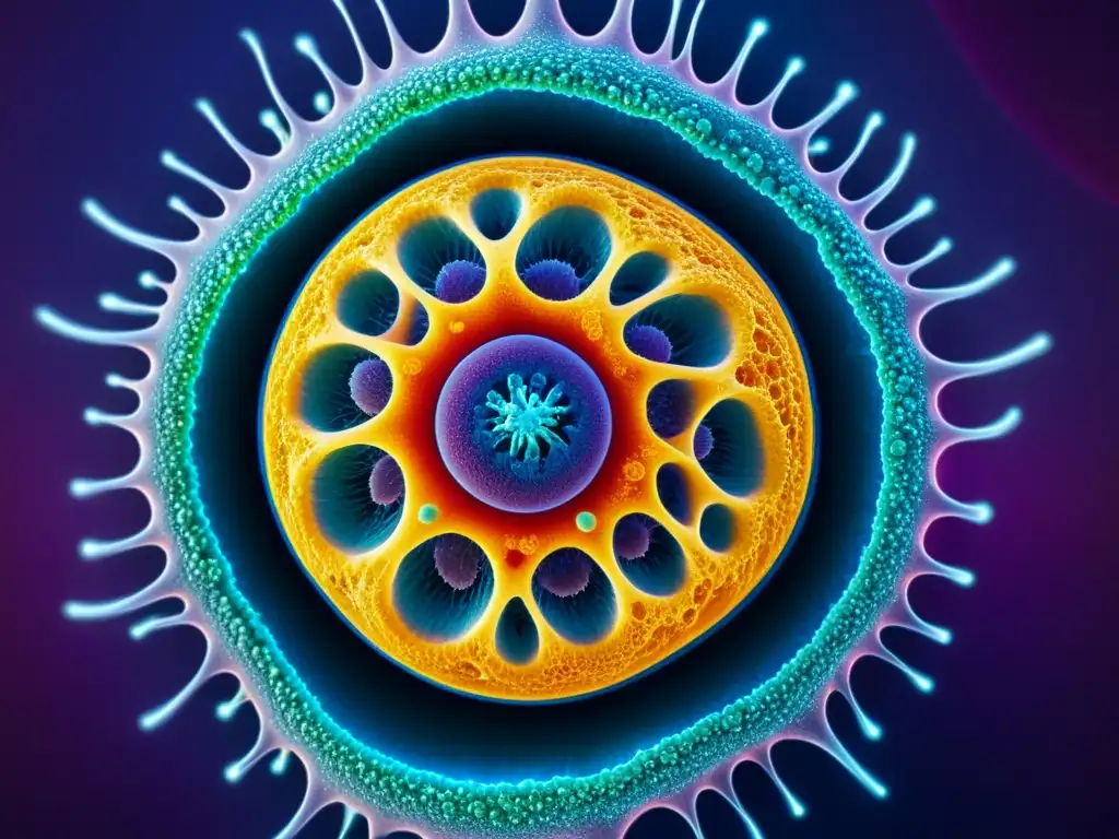 Microscopio revela célula inmune resiliente Detalle vibrante de una célula inmune con patrones dinámicos, reflejando la resiliencia del sistema inmunológico