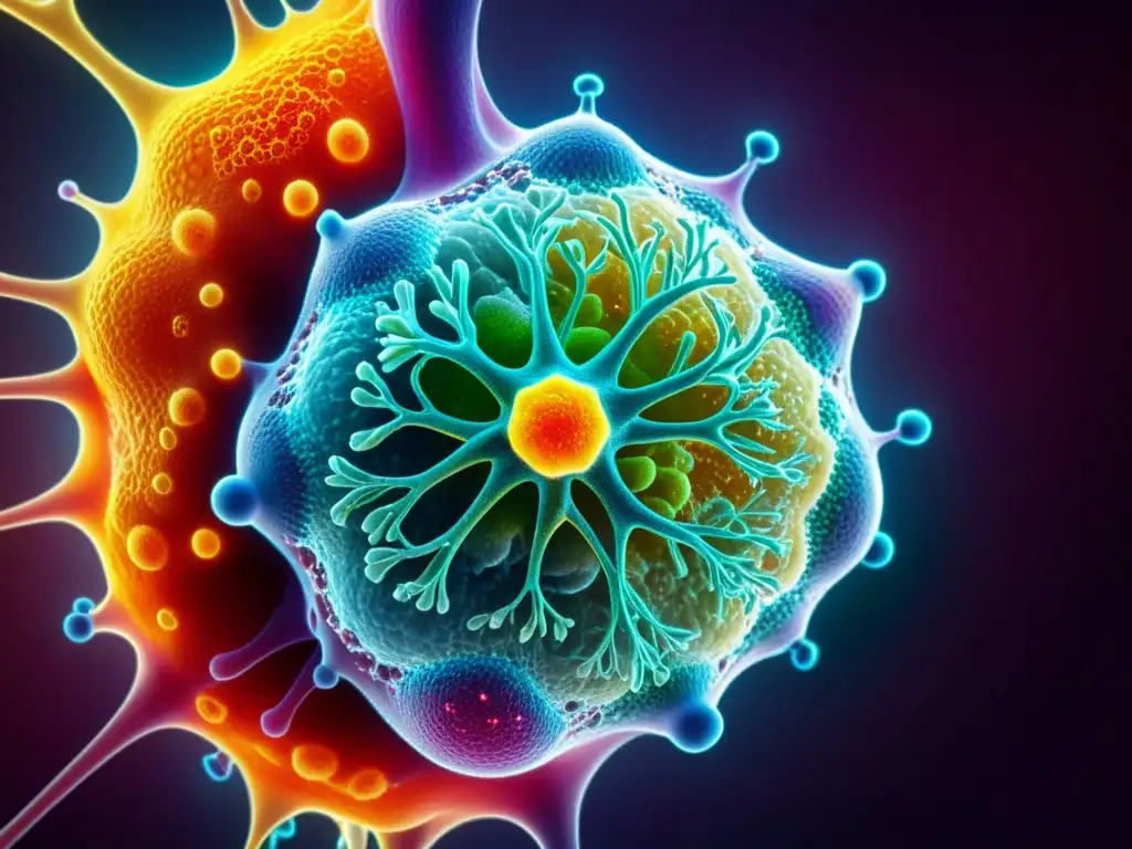 Microscópica célula del sistema inmunitario: vitalidad y color Detalle vibrante de una célula del sistema inmune humano, mostrando su complejidad y vitalidad en respuesta a la suplementación inteligente