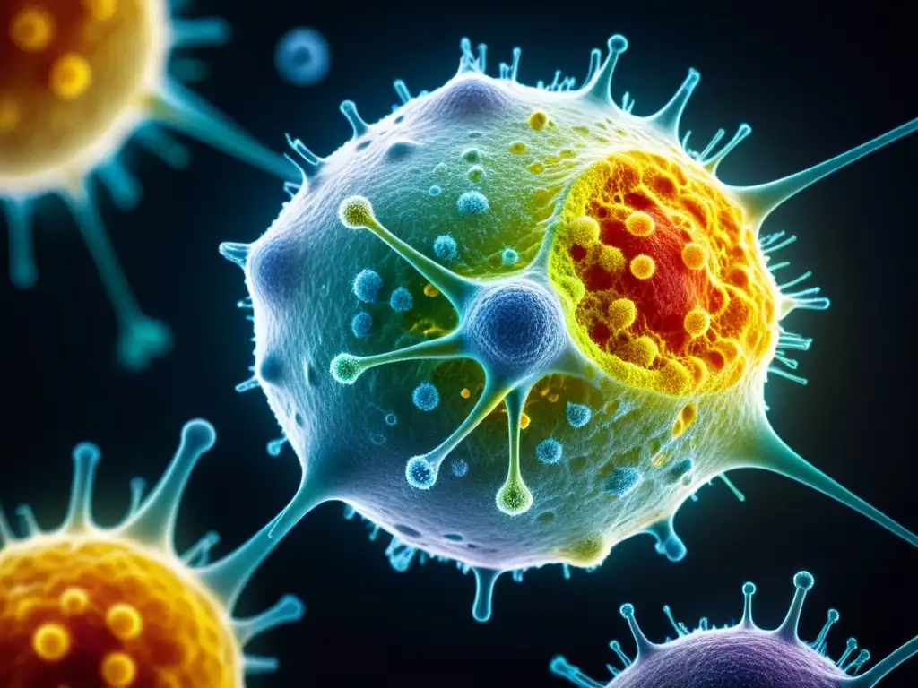 Interacción asesina: Microscopía de células NK en acción Detalle vibrante de células asesinas naturales en acción, liberando gránulos citotóxicos y combatiendo infecciones