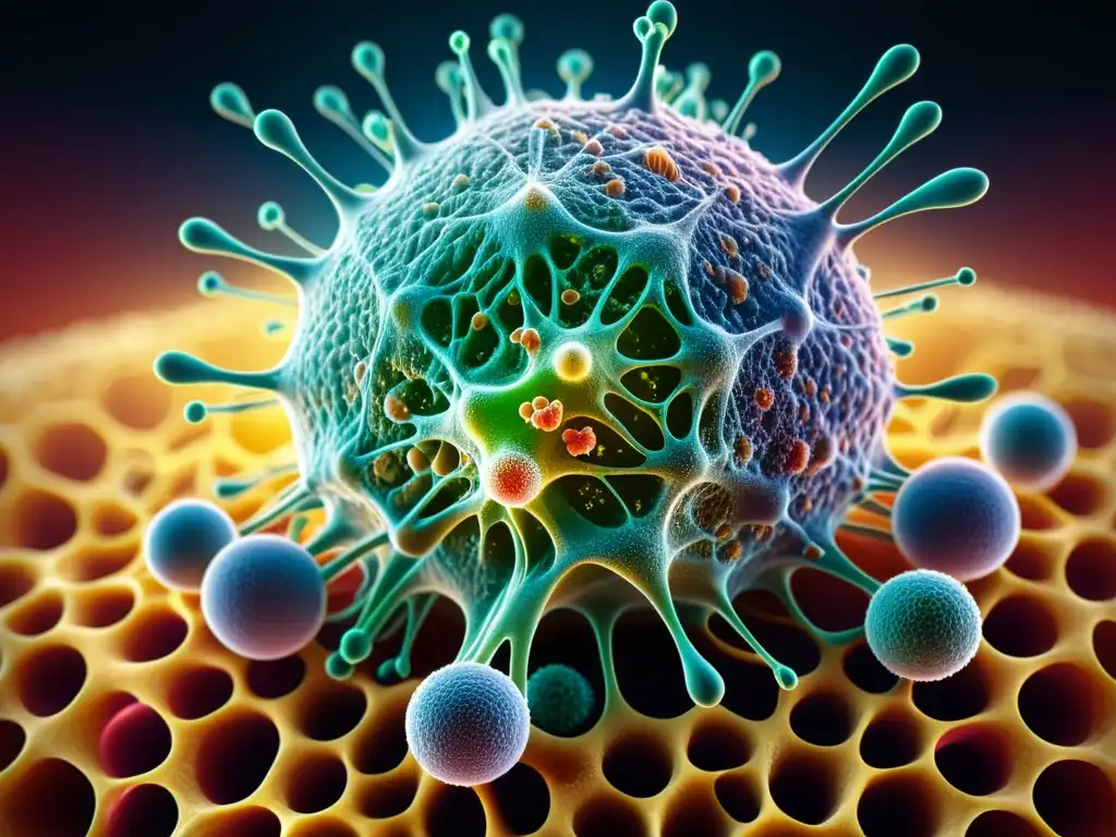 Ataque de células asesinas naturales a célula cancerígena Detalle vibrante de células asesinas naturales atacando una célula cancerígena, mostrando su poderosa función inmunológica