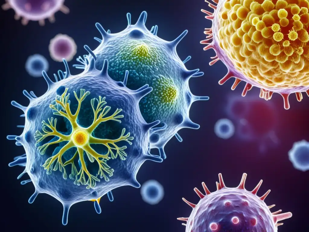 Microscopía inmunológica: Ataque a tejido sano Detalle vibrante de células inmunes atacando tejido sano, mostrando la complejidad del sistema inmune en avances de tratamiento de la autoinmunidad