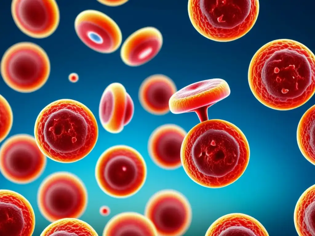 Hemólisis autoinmune: Interacciones celulares detalladas Detalle vibrante de células sanguíneas atacadas por autoanticuerpos, ilustrando la complejidad de la anemia hemolítica autoinmune