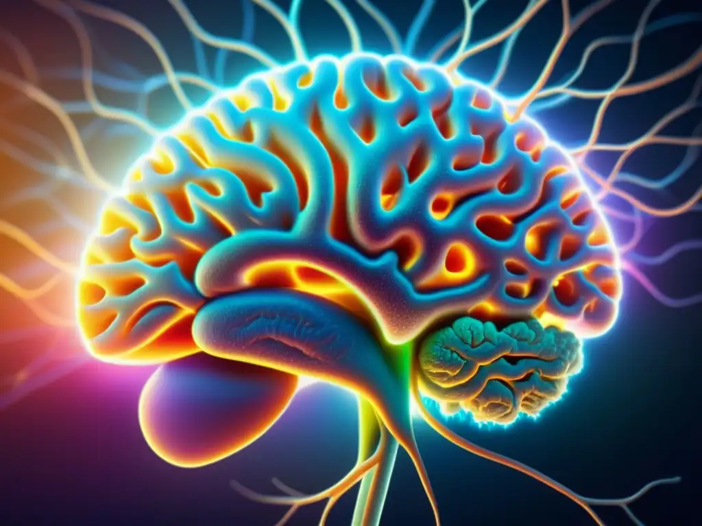 Neurociencia vibrante: la belleza del cerebro humano Detalle vibrante de un cerebro humano con conexiones neurales, rodeado de un aura etérea