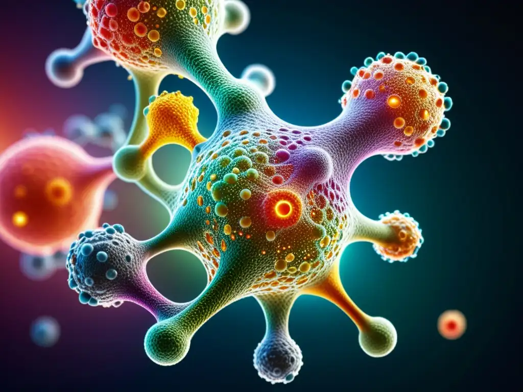 Detalle vibrante de la compleja estructura molecular del sistema inmunológico humano, evocando su importancia y belleza científica
