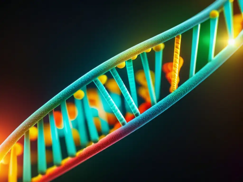 Secuencia genética brillante: ADN y respuesta inmunológica Detalle vibrante del ADN resaltando la complejidad genética en respuesta a inmunomoduladores