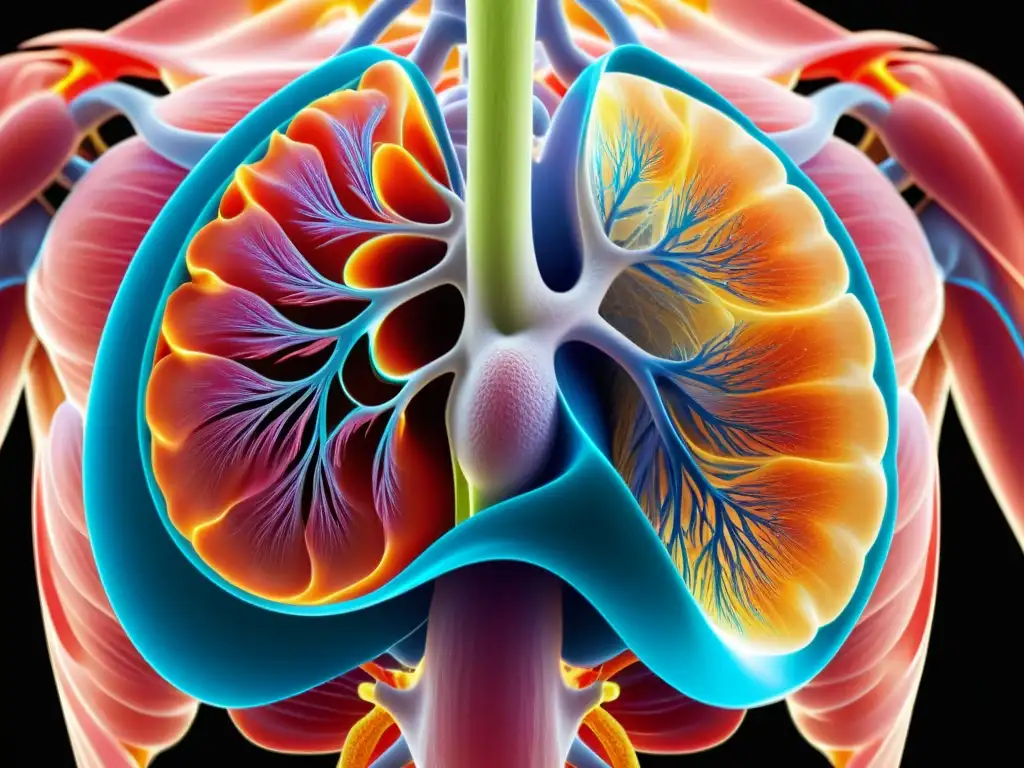 Detalle vibrante del músculo diafragma y su relación con la respiración diafragmática y el sistema inmunológico