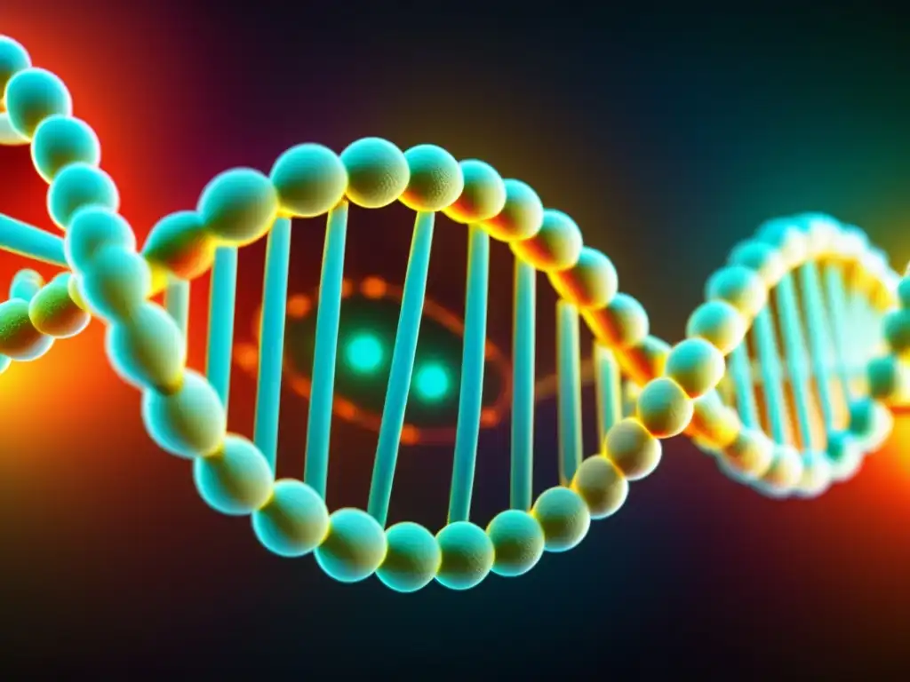 DNA brillante revela causas de enfermedades autoinmunes Detalle vibrante de una doble hélice de ADN, revelando las causas ocultas de enfermedades autoinmunes