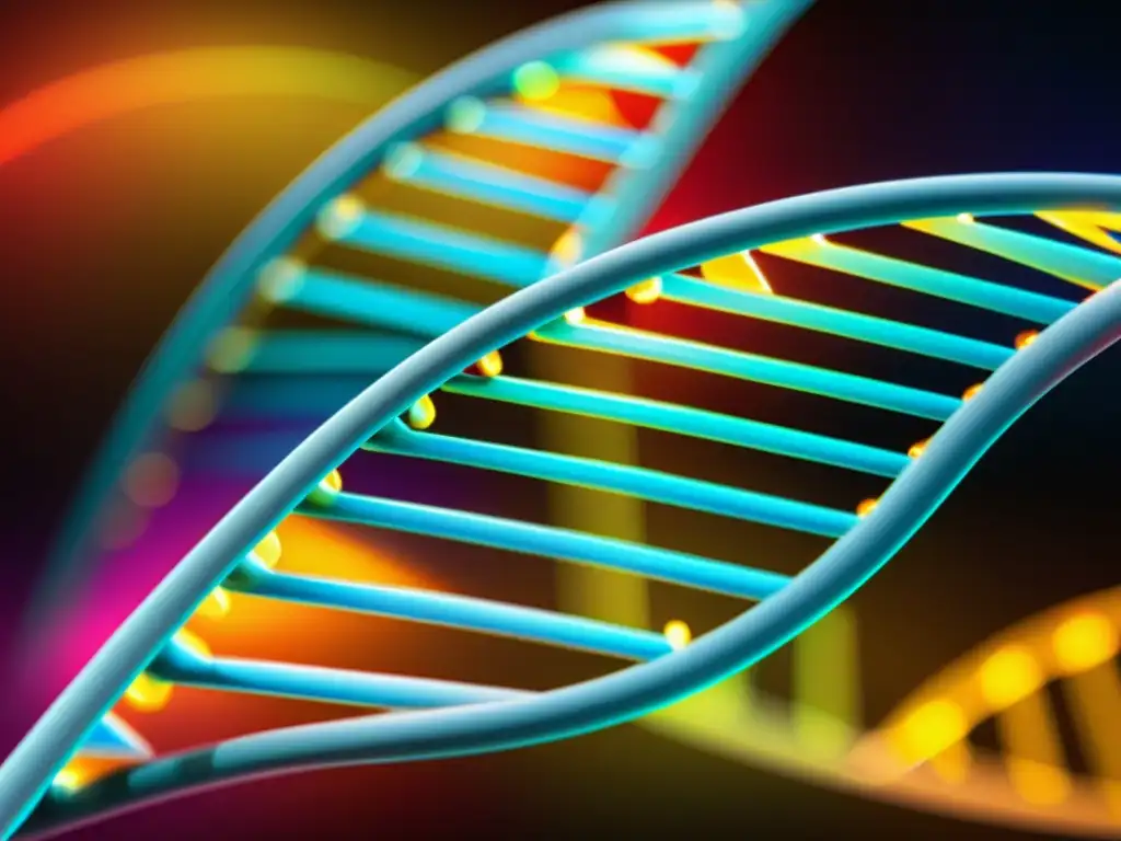 Detalle vibrante de una doble hélice de ADN con colores resplandecientes, mostrando secuencias genéticas