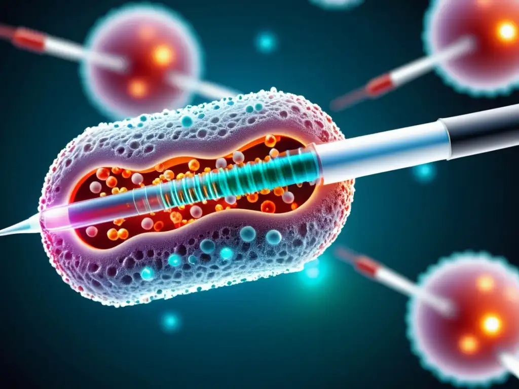 Terapia génica: Inyección precisa en célula con ADN visible Detalle vibrante de inmunoterapia génica para enfermedades crónicas: célula siendo inyectada con precisión científica