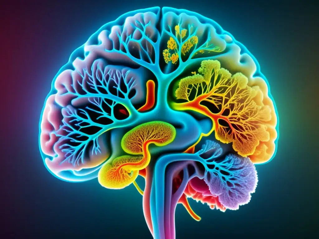 Escaneo cerebral: conexiones neuronales y sistema inmunológico Detalle vibrante de escáner cerebral, destacando conexiones neurales y sistema inmunológico, asociado al Trastorno Obsesivo Compulsivo