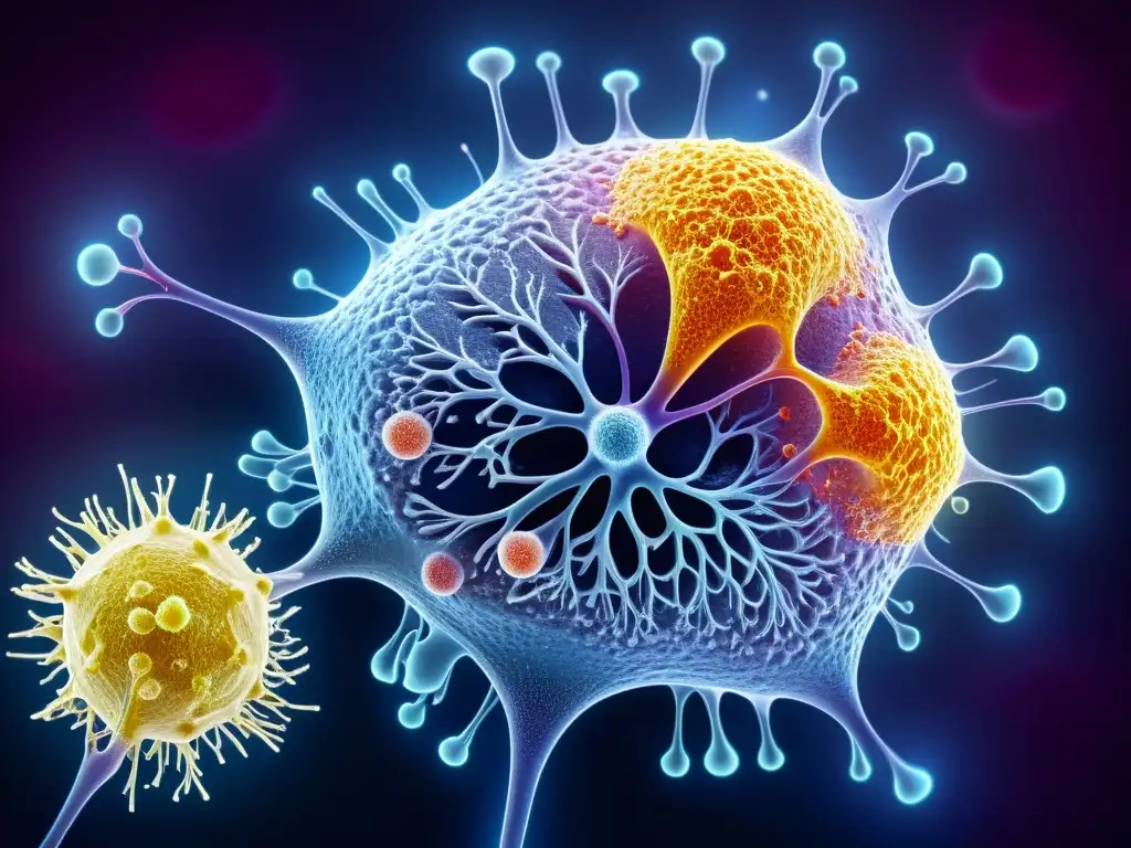 Red Tejido Humano: Espectáculo Inmune 8k Detalle vibrante del funcionamiento del sistema inmunitario humano, con células T, B, macrófagos y dendríticas en acción en una imagen 8K