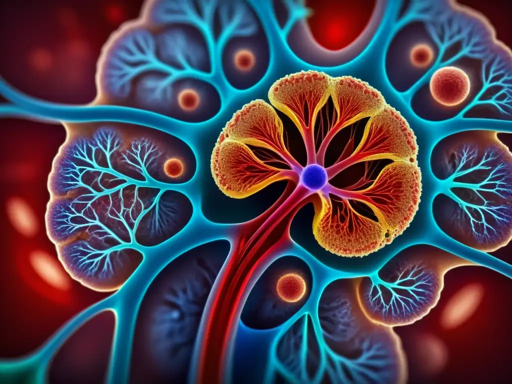 Adrenales: Detalle Colorido del Sistema de Estrés Detalle vibrante de glándulas suprarrenales, destacando su red de vasos sanguíneos