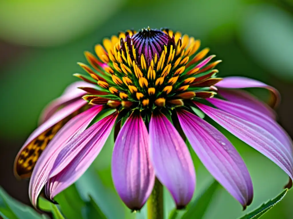 Detalle asombroso de la flor morada Echinacea purpurea en la naturaleza Detalle vibrante de la equinácea púrpura con luz solar entre hojas verdes