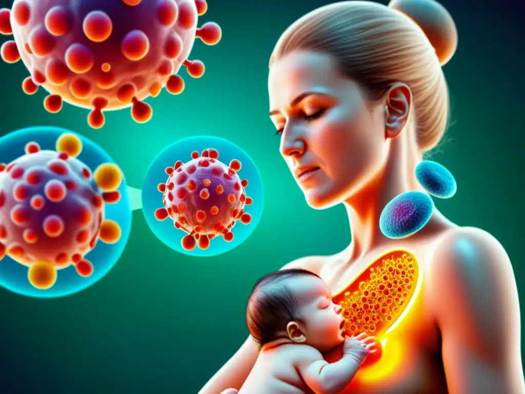Inmunidad pasiva: Transferencia de anticuerpos madre-hijo Detalle vibrante de ilustración médica mostrando inmunidad pasiva que protege durante brotes