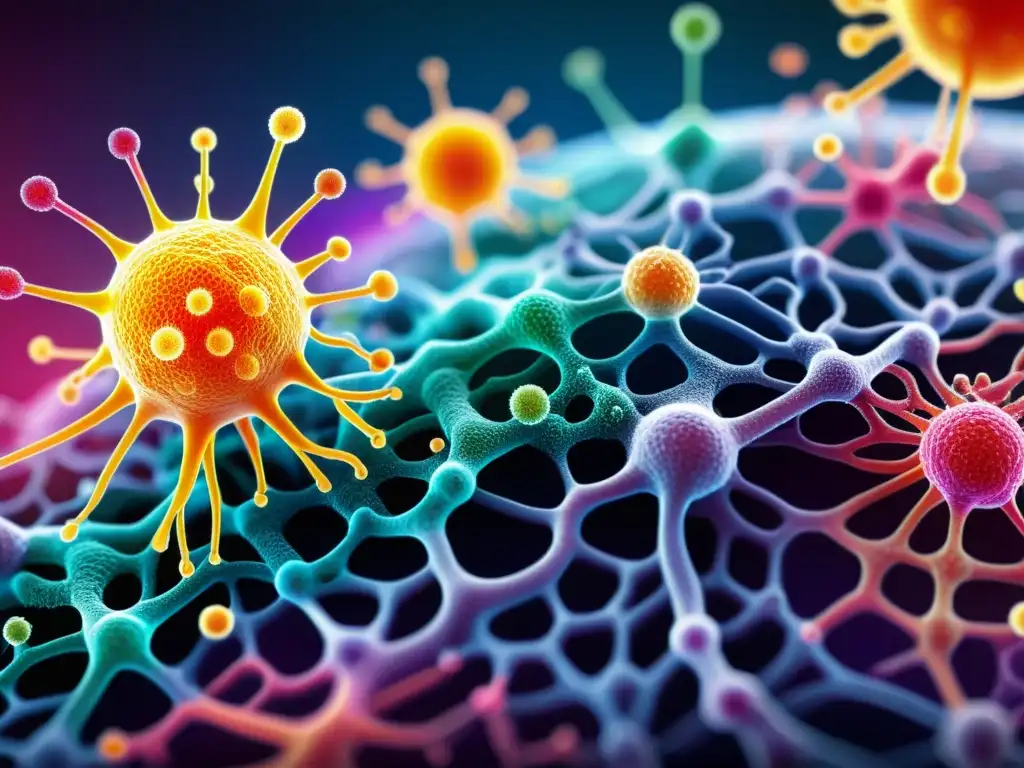Microbioma vibrante: interacción inmune Detalle vibrante de un microbioma colorido con bacterias y células inmunes en red